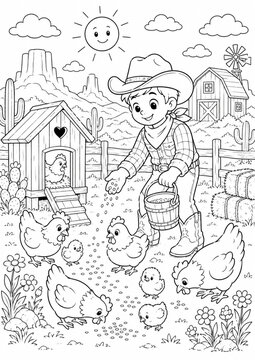 A delightful children's coloring page featuring a friendly farmer feeding a flock of happy chickens on a peaceful Wild West ranch. 