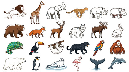 Fototapeta premium Wild Animal Collection Vector Set with Lion, Giraffe, Elephant, Cheetah, Rhino, Wolf, Penguin, Dolphin, and Exotic Wildlife Species