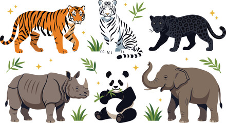 Obraz premium Wildlife Animal Collection Vector Set with Tiger, White Tiger, Black Panther, Rhinoceros, Panda Bear, and Elephant Illustrations