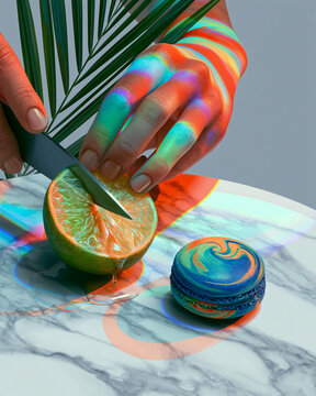 Hands Slicing Lime with Colorful Macaron on Marble