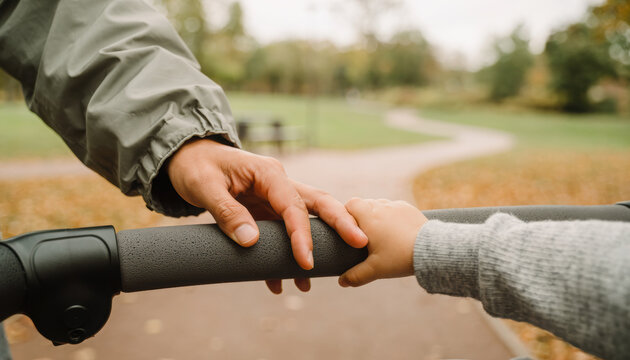 Adult hand child hand stroller handle autumn park bonding parenting outdoor caring closeup support