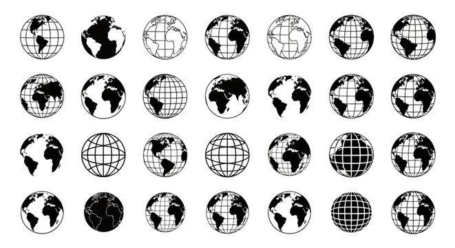 Collection of circular globe icons with various continents and grid patterns for graphic design and mapping projects.