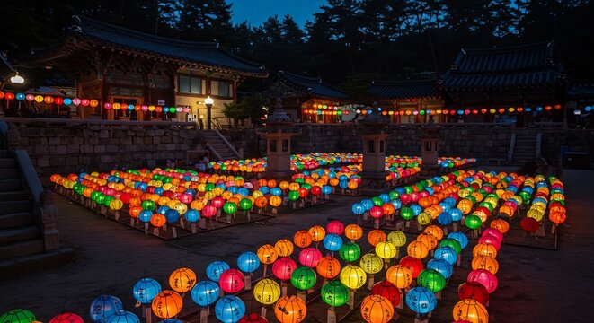 夜の古寺を美しく彩る無数の提灯が放つ幻想的な光明るく鮮やかな輝き. AI Generated