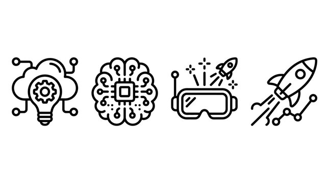 Innovation Icons: Cloud, AI Brain, VR Goggles, Rocket Launch, Technology Concepts