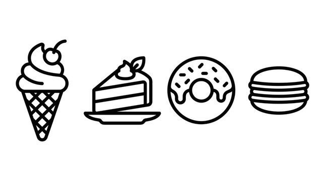 Simple line icons of sweet desserts: ice cream cone, cake slice, donut, and macaron.