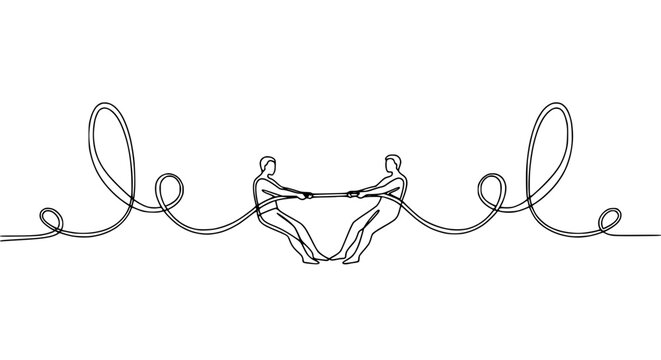 Continuous line drawing of two people playing tug of war