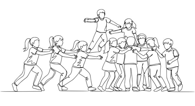 Children playing trust fall game, teamwork, friendship, fun, outdoor activity, line art