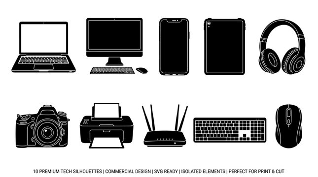 Collection of modern technology device silhouettes including laptop computer desktop tablet phone headphones camera printer router keyboard and mouse