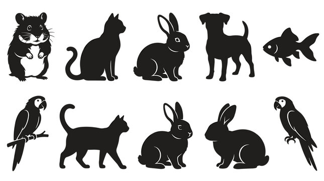 Collection of black silhouette icons of common domestic animals and pets including a hamster cat dog rabbit parrot and fish