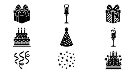 Fototapeta premium Collection of Black Icons Representing Birthday Party Elements Such As Gifts Cakes Champagne and Confetti
