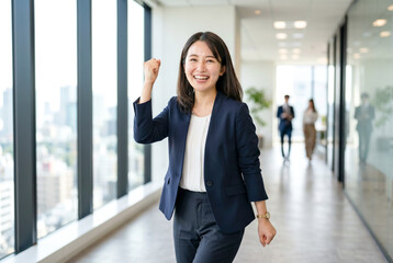 Fototapeta premium 仕事の成功を喜びオフィスでガッツポーズをする笑顔の若い日本人ビジネスウーマン