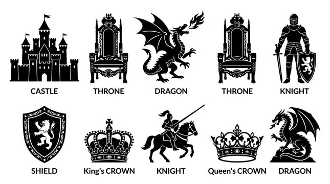 Medieval Fantasy Icons Collection Castle Throne Dragon Knight Crown Shield Heraldry Symbols
