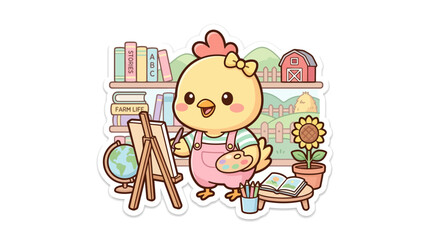 Cute cartoon chick painting on easel with art supplies and farm background © Raya
