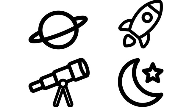 Space Icons: Rocket, Planet, Telescope, Moon & Star - Minimalist Line Art