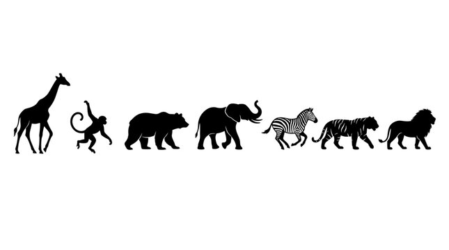 Collection of diverse animal silhouettes walking in a line on a white background