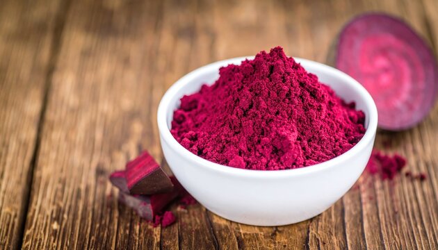 Beetroot powder in bowl on rustic wooden surface