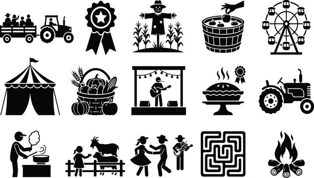 County fair and autumn harvest festival black vector silhouettes icons collection set on white background