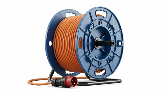 Orange Electrical Cable Reel with Plug and Socket on White Background