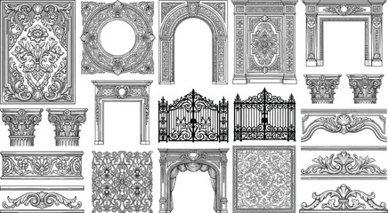 Fototapeta premium Vintage classical architecture ornament vector illustration bundle featuring baroque frames fireplace mantels arches pillars gates and ornate relief elements