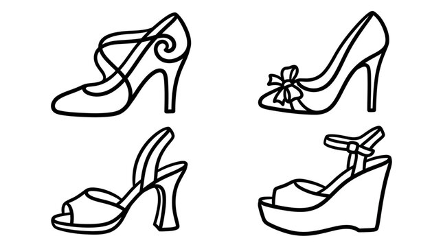 Collection of Elegant Fashion Footwear Icons: High Heels, Sandals, Wedges