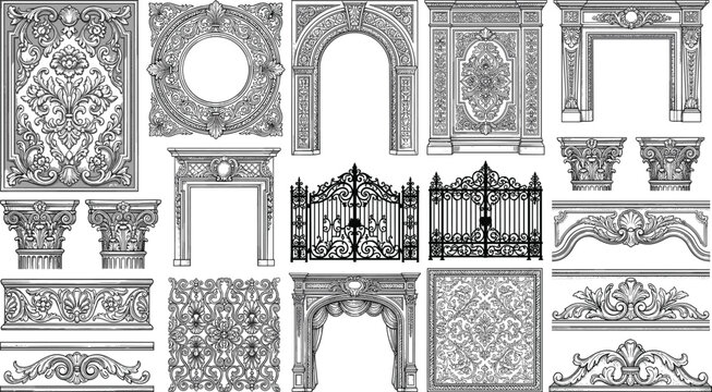Vintage classical architecture ornament vector illustration bundle featuring baroque frames fireplace mantels arches pillars gates and ornate relief elements