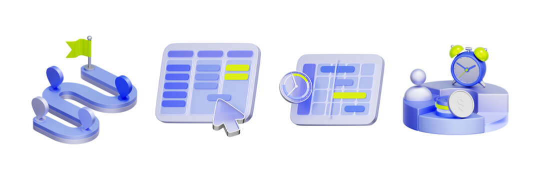 3D illustration of project management object set with roadmap flag kanban board calendar timer and pie chart clock for task scheduling workflow tracking milestone planning and timeline execution.