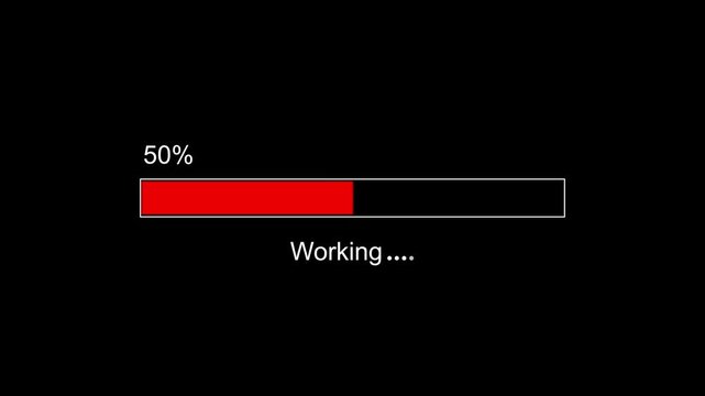 Dynamic digital loading progress bar animation with incremental percentage counter and working status text overlay on a minimalist black background, for software interface, and tech presentations