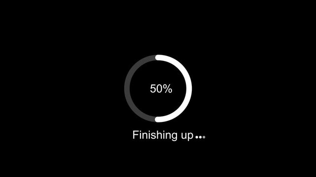 Minimalist circular loading progress bar animation with percentage counter and finishing up text overlay on a clean black background, for modern software, interface web development, and ux ui projects