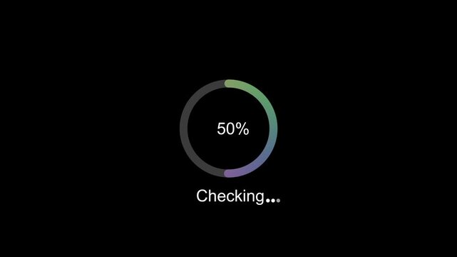 Dynamic digital loading progress bar animation featuring a circular gradient interface with real-time percentage counter and checking status text for modern user interface and software development