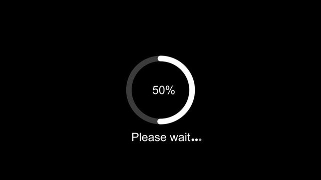 Minimalist circular loading progress bar animation with percentage counter and please wait text overlay on a clean black background, for modern digital, user interface and, software development 