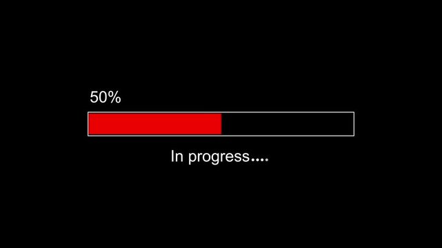 Dynamic red progress bar loading percentage animation on black background, representing digital data transfer, software installation, system update, web page loading, and computing process