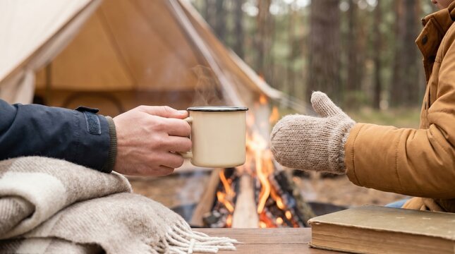 Couple camping in autumn forest with campfire and hot tea, cozy outdoor lifestyle, romantic fall vacation, warm drinks in nature
