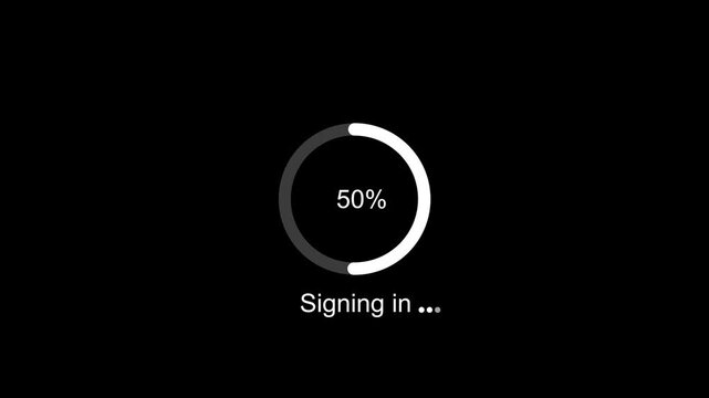 Digital user interface loading animation featuring a circular progress bar with percentage counter and signing in text overlay for modern mobile application login screens and secure web