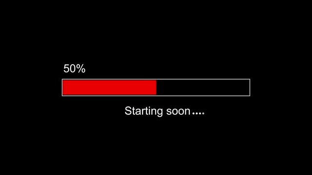 Minimalist red progress bar loading screen animation with starting soon text overlay for live stream events, digital presentations, software installations, and web interface user experience