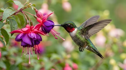 Fototapeta premium Ruby-throated hummingbird feeding on fuchsia flowers in a garden.