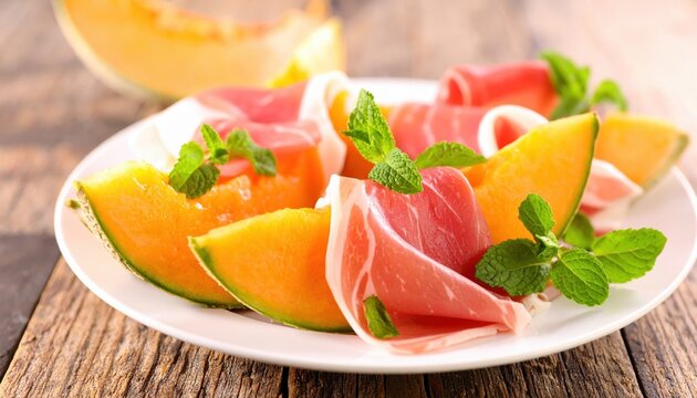 Fresh melon wrapped with prosciutto and mint garnish