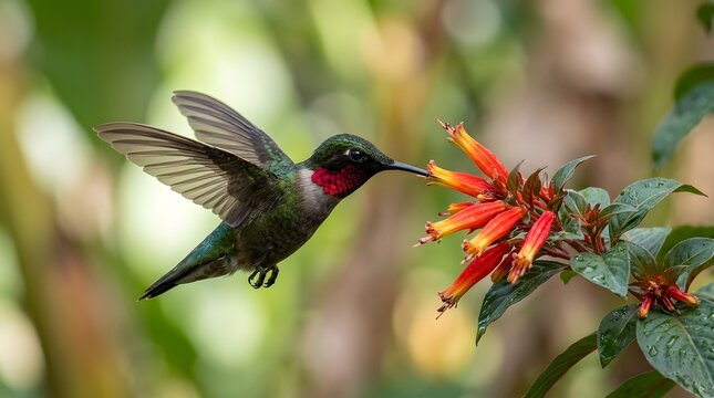 Ruby-throated hummingbird feeding on nectar from a vibrant red flower.