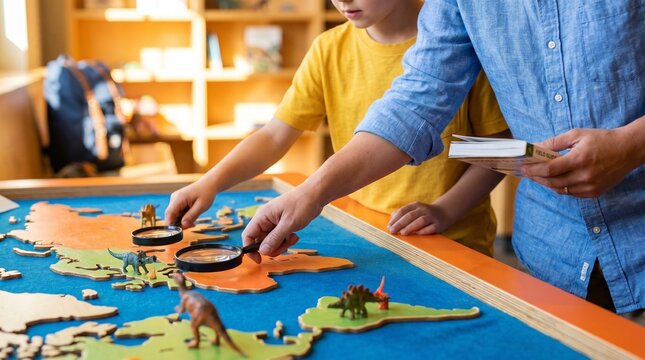 Parent and child exploring world map with toy dinosaurs and magnifying glasses for educational homeschooling geography lesson