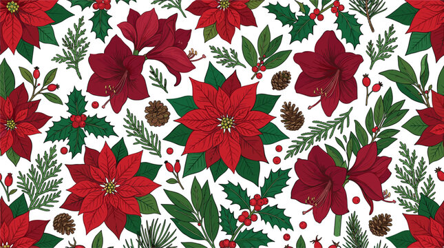Seamless Christmas Floral Pattern Vector with Poinsettia Flowers, Amaryllis Blooms, Holly Berries, Pinecones, and Festive Botanical Background