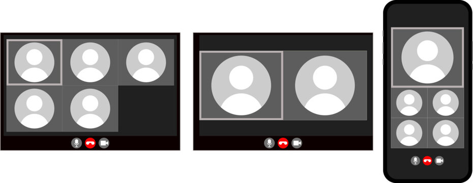 Video conference interface with multiple user avatars on screens, digital meeting templates for smart devices and computers, online business communication webinar layouts