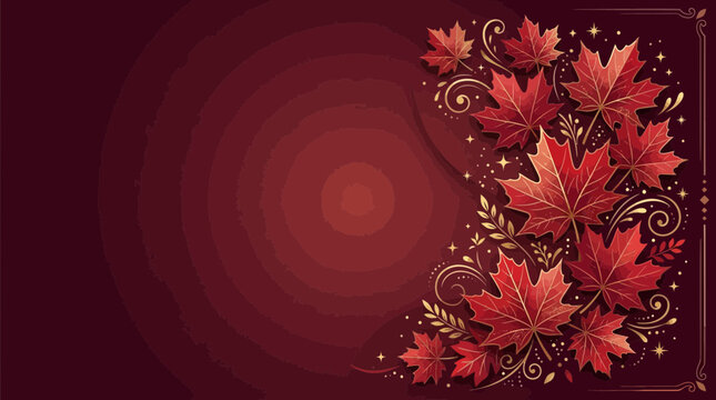 Elegant autumn background with vibrant red maple leaves, golden decorative swirls, stars, and branches on a rich maroon and red gradient backdrop, perfect for fall designs