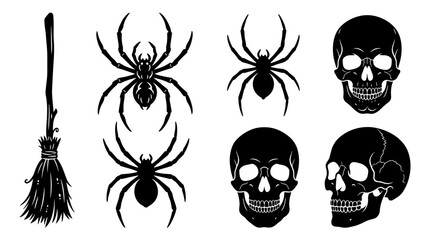 Fototapeta premium Halloween Icons Collection Featuring Spiders Skulls and a Witchs Broomstick in Black Silhouette