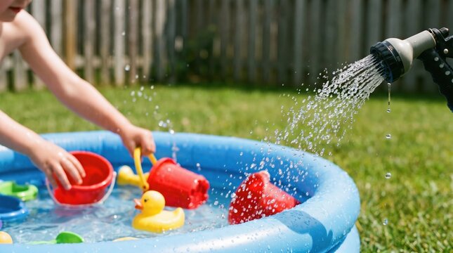 Toddler boy playing in backyard inflatable pool with water toys during summer, happy childhood activity, outdoor water play concept