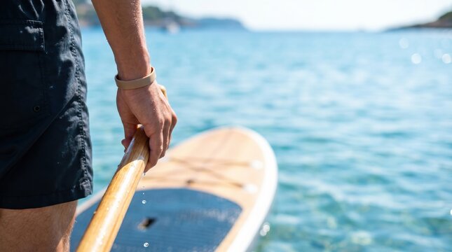 Young man holding wooden paddleboard oar standing in shallow turquoise sea water preparing for summer stand up paddle boarding activity