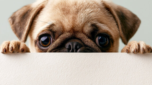 Pug Peeking Over a Wall with Copy Space