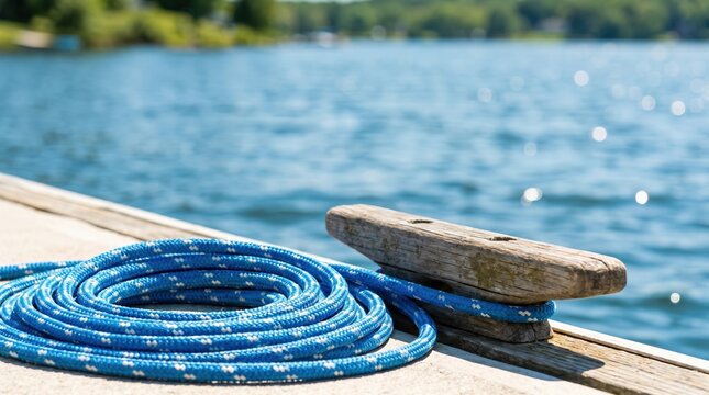 Blue coiled mooring rope on a wooden dock cleat by a calm lake, representing nautical travel, summer vacation, and marine safety concepts