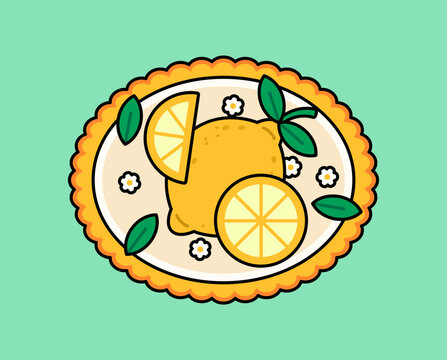 Lemon tart topped with fresh lemon slices, mint leaves, and small floral decorations. Perfect for bakery branding, dessert menus colorful flat vector illustration