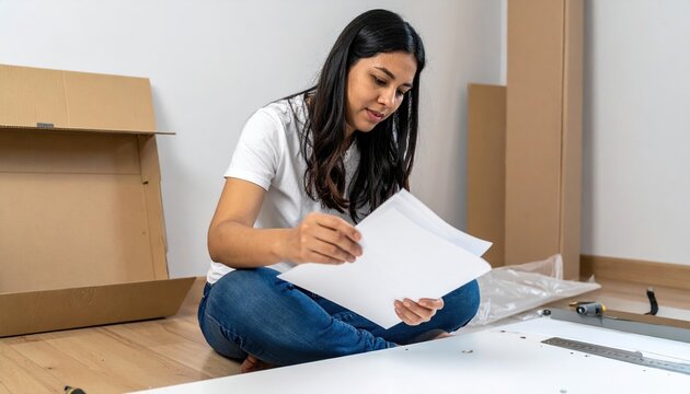 woman assembling flat-pack furniture while reading instructions, DIY home organization and interior setup