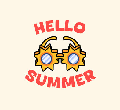 Vector illustration featuring the phrase "Hello Summer" with stylish star-shaped sunglasses. Perfect for summer greeting cards, seasonal apparel, social media posts,