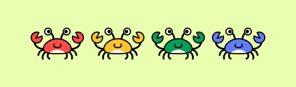 Cute cartoon crab characters in multiple colors with simple hand drawn outlines. Perfect for kids, marine themes, stickers, educational materials, and playful summer designs.
